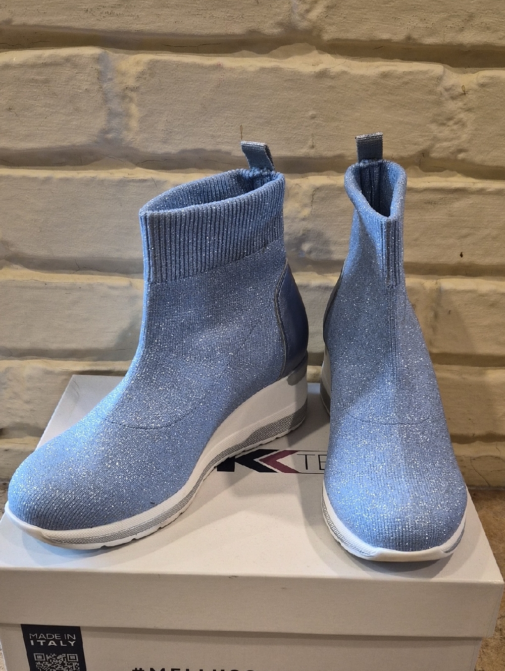Melluso Light Blue Sparkling Knit Wedge Sock Boots